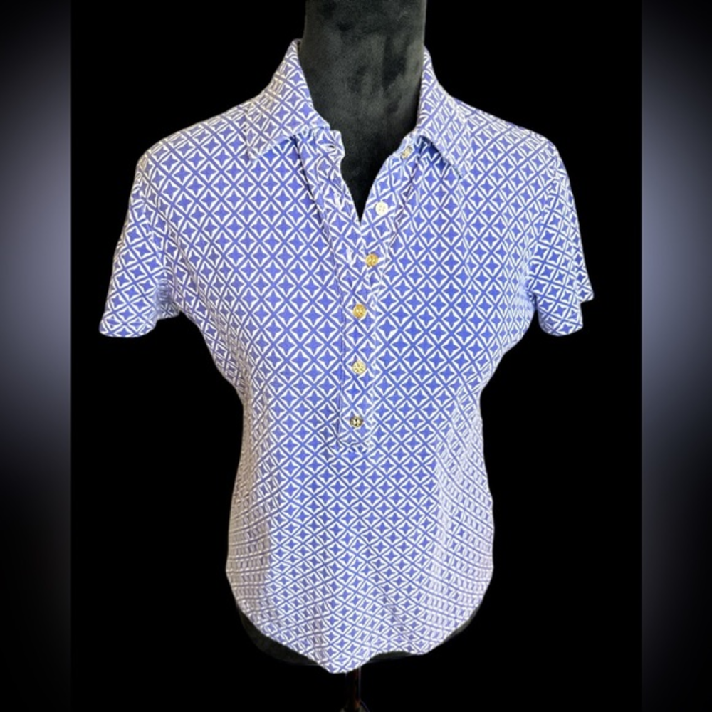 Tory Burch Blue and White Geometric Polo Top